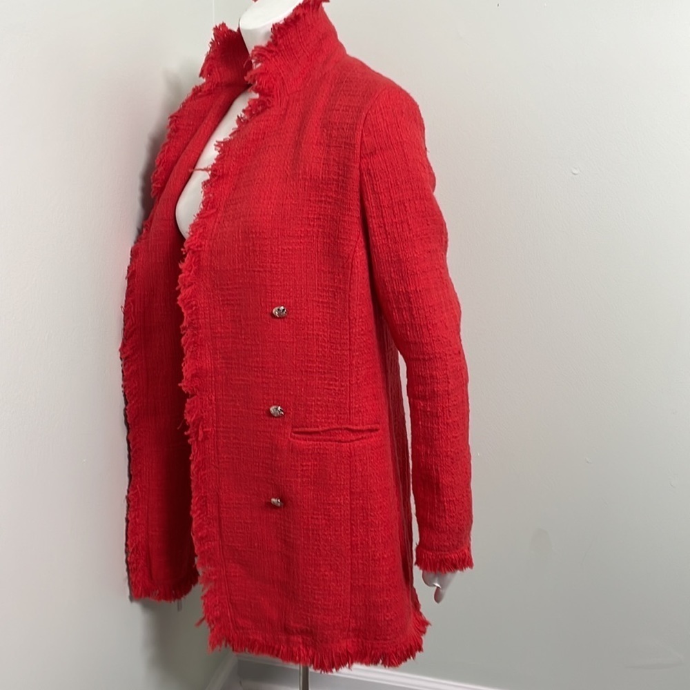 Rachel Zoe Tweed Blazer Fringe Double Breasted Cherry Red - Picture 7 of 11